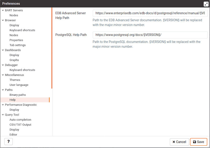 Preferences dialog - Paths Help section