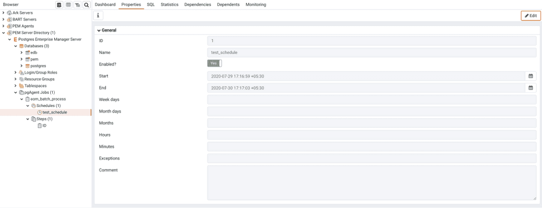 pgAgent schedule - Properties tab