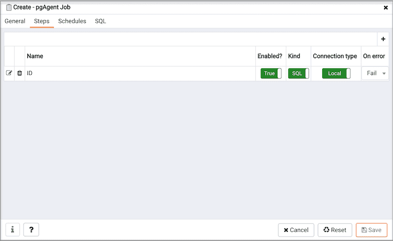 Create pgAgent Job dialog - Steps tab